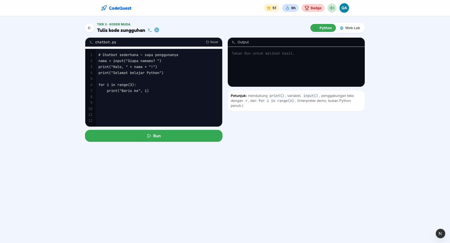 Tingkat 3 — Python & Web Sungguhan di Browser